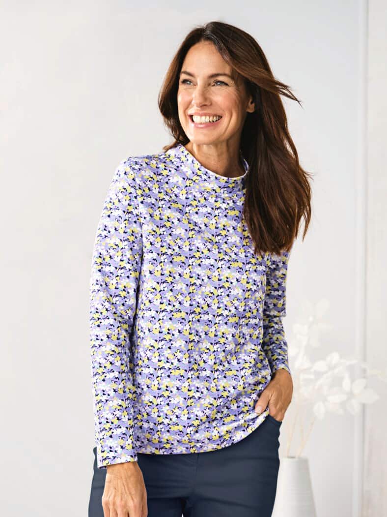 Stehkragen-Shirt Pfirsichweich Flieder geblümt