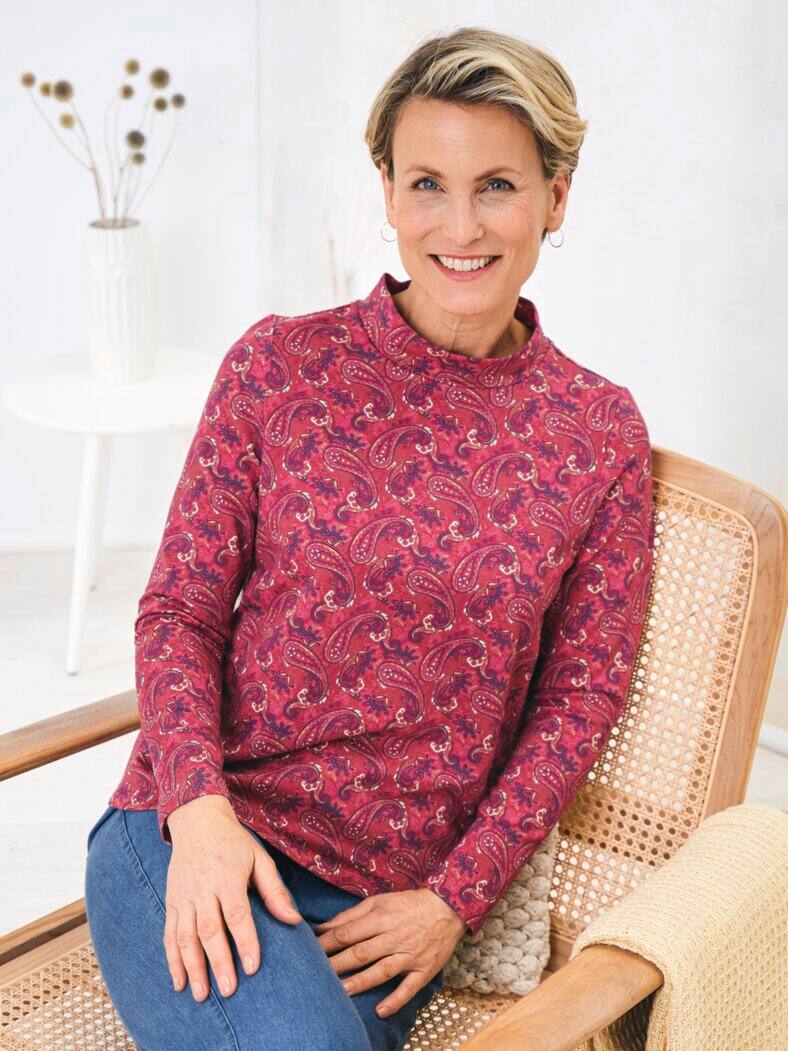 Stehkragen-Shirt Pfirsichweich Beere gemustert