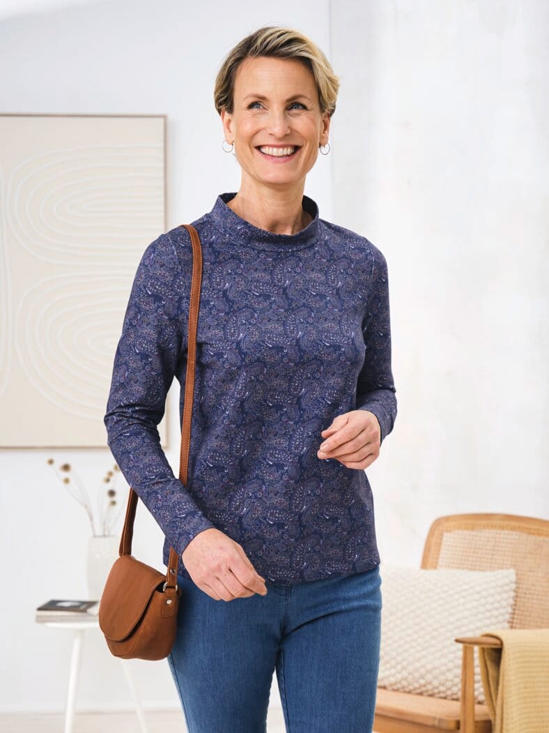 Stehkragen-Shirt Pfirsichweich Blau gemustert