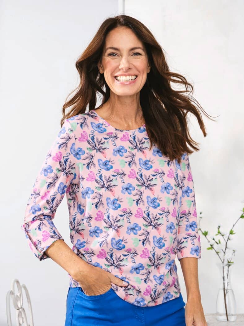 Baumwoll-Modal-Shirt Rosa geblümt