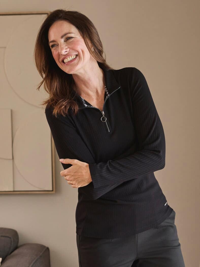 Edel-Rippenshirt Reißverschluss Schwarz