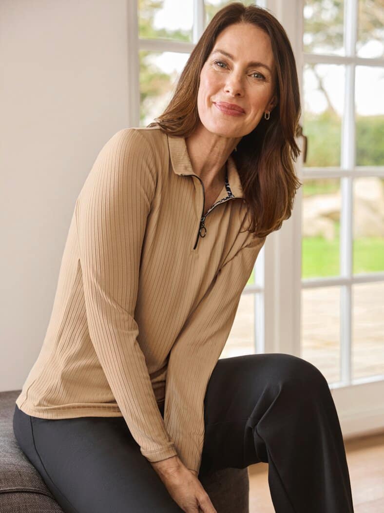 Edel-Rippenshirt Reißverschluss Beige