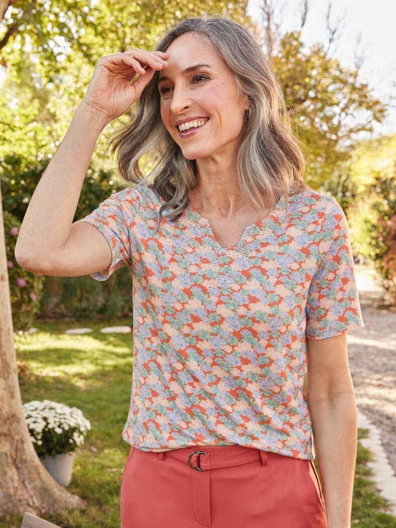 Halbarm-Shirt Seidenweich Terra geblümt