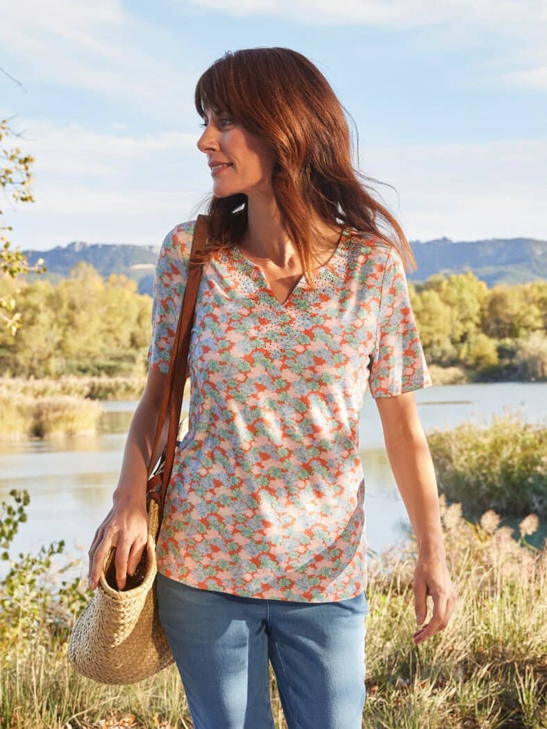 Halbarm-Shirt Seidenweich Terra geblümt