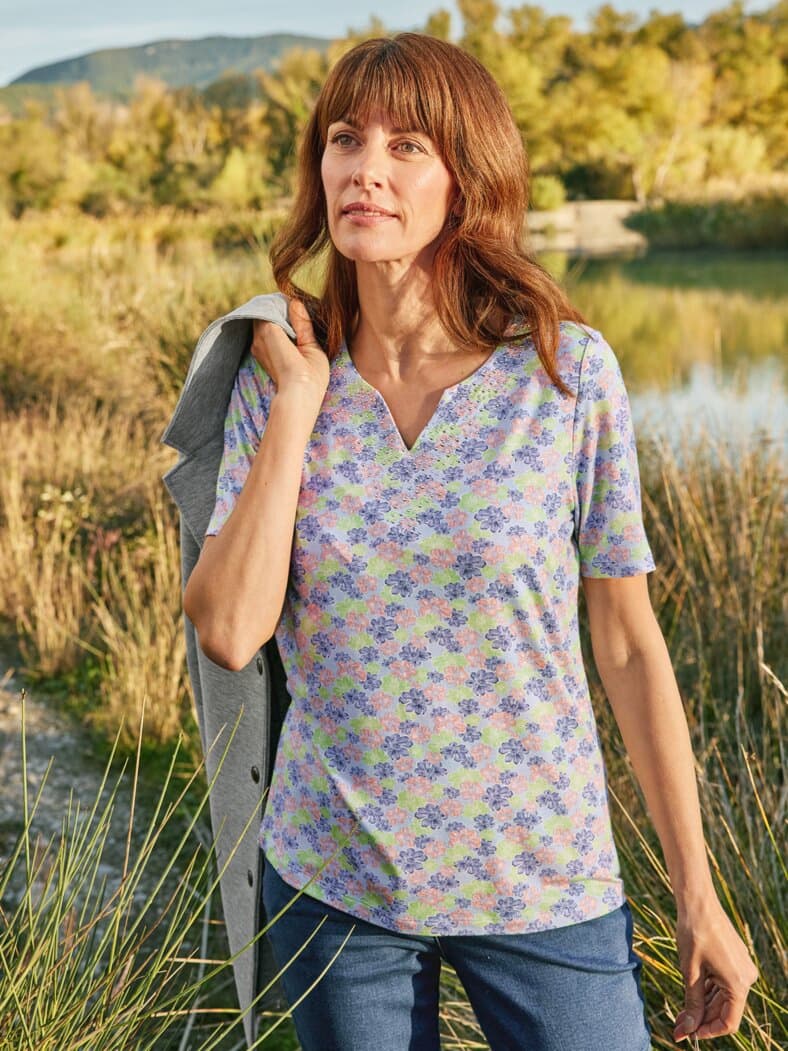 Halbarm-Shirt Seidenweich Hellblau gebl.