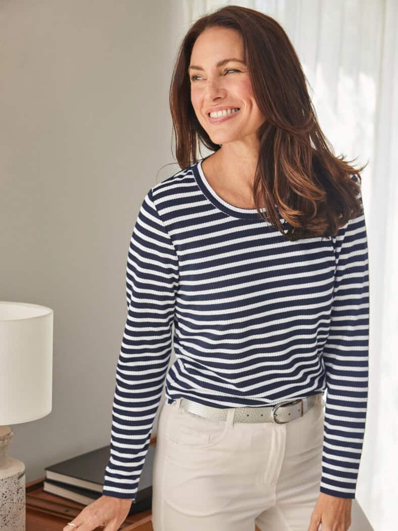 Langarm-Shirt Strukturstreifen Marine-Weiß