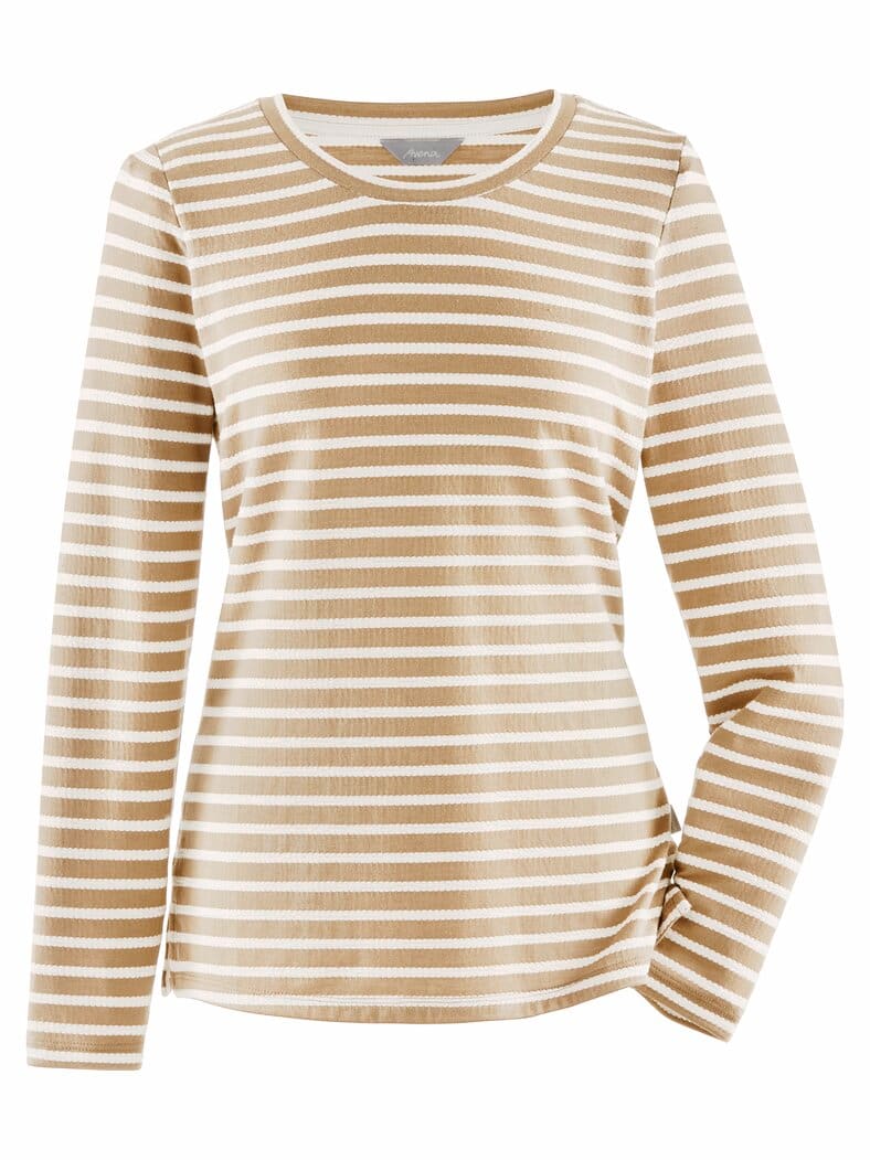 Langarm-Shirt Strukturstreifen Beige-Weiß