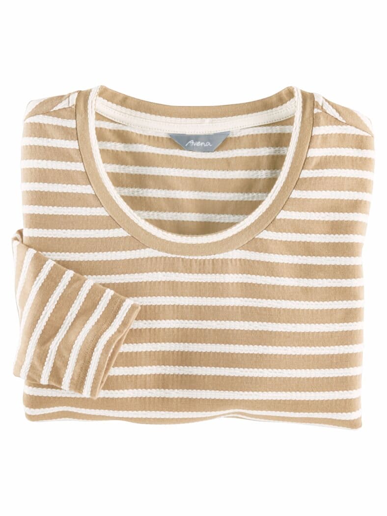 Langarm-Shirt Strukturstreifen Beige-Weiß