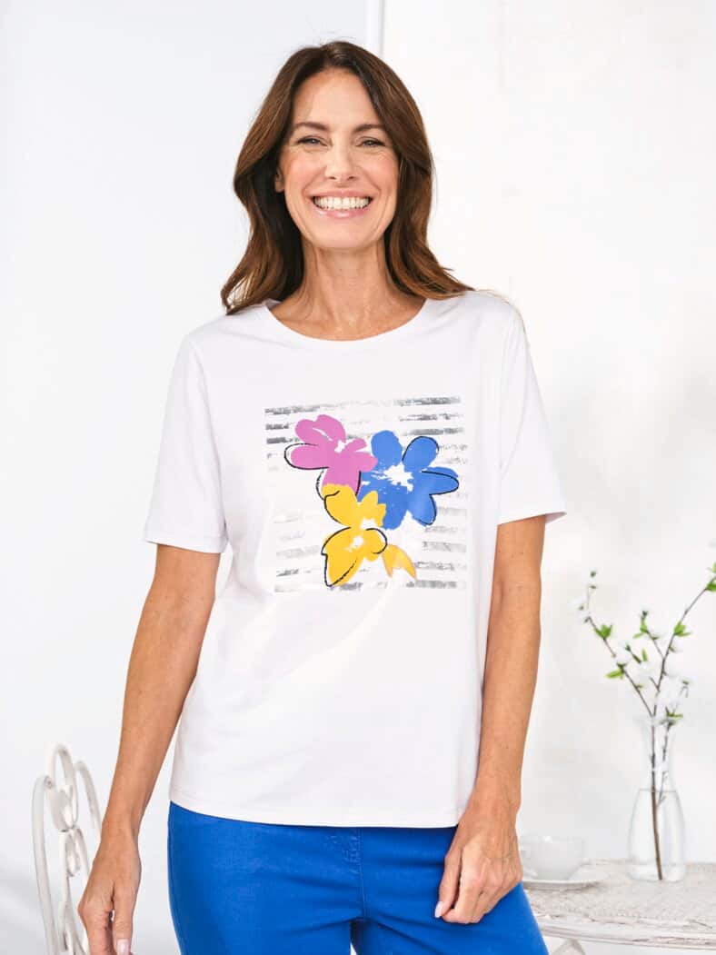 Baumwoll-Shirt Blumenwiese Weiß
