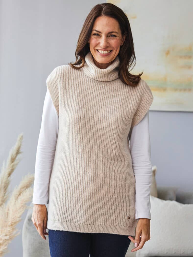 Rollkragen-Pullunder Rippenstrick Ecru
