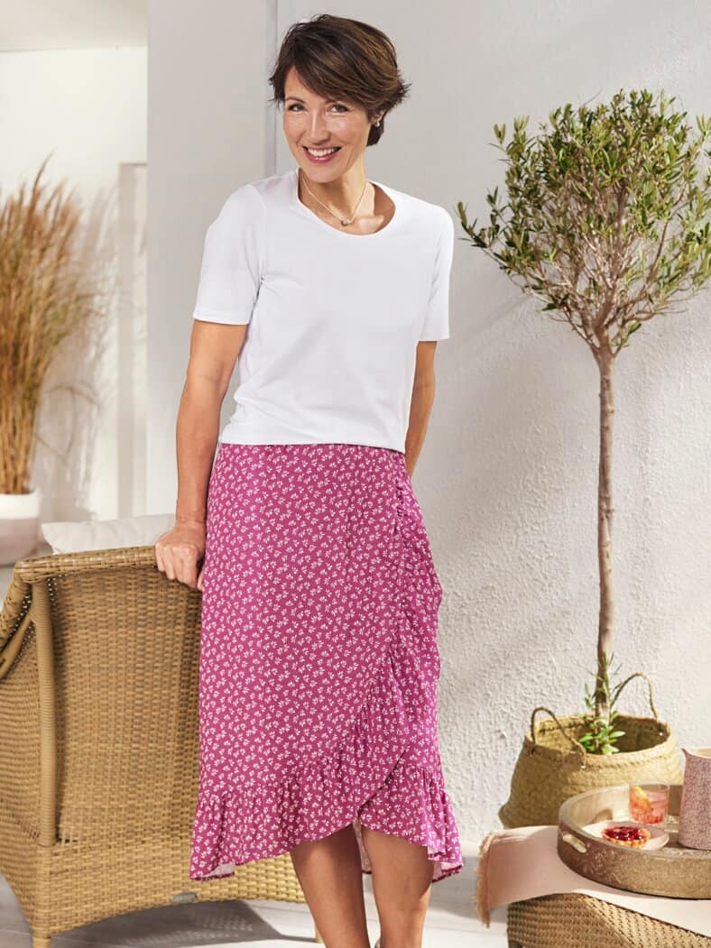 Viskoserock Wickeloptik Fuchsia-Weiß