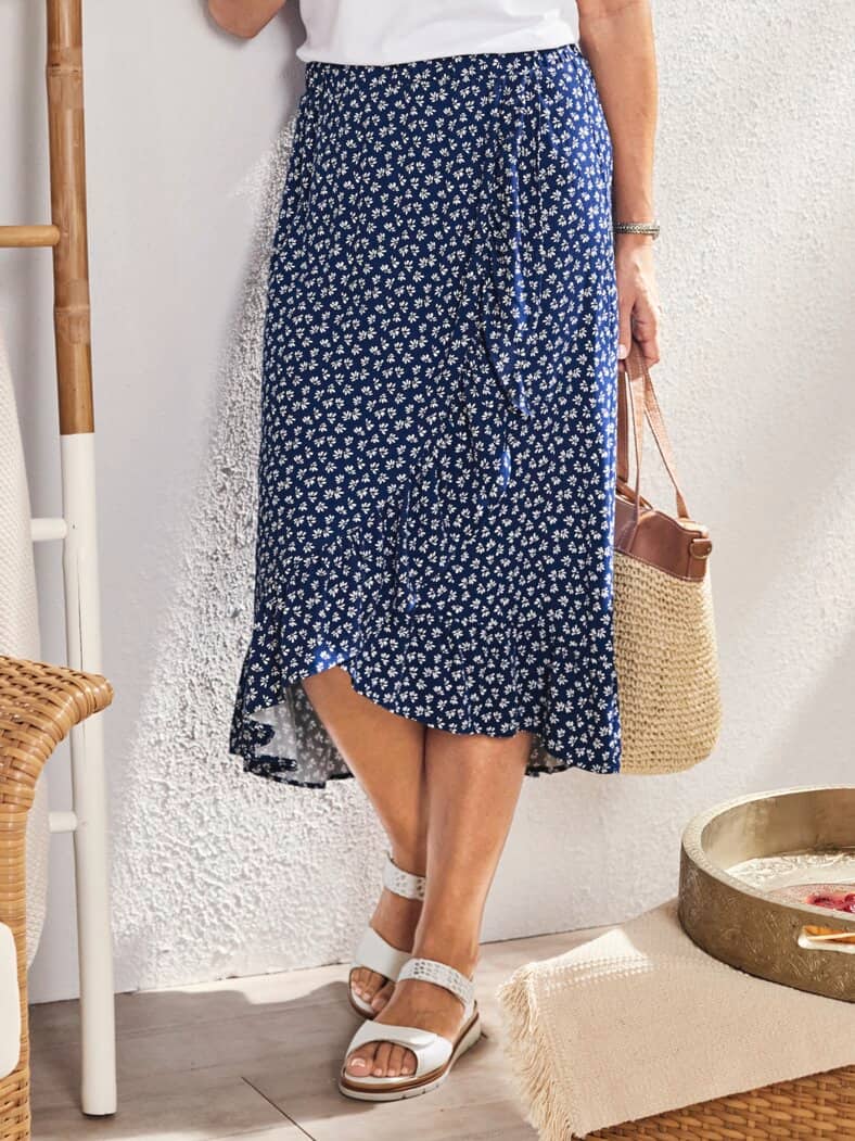 Viskoserock Wickeloptik Marine-Weiß