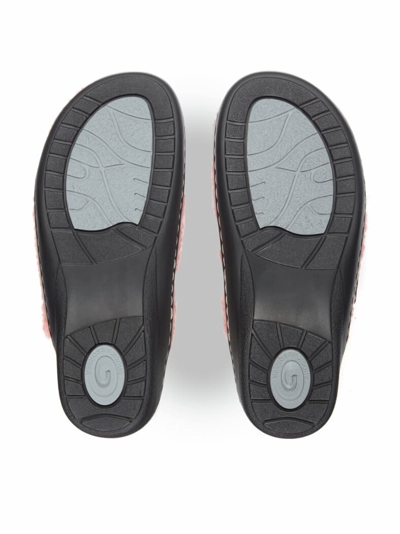 Teddyfell-Pantolette Korkfußbett Rosa