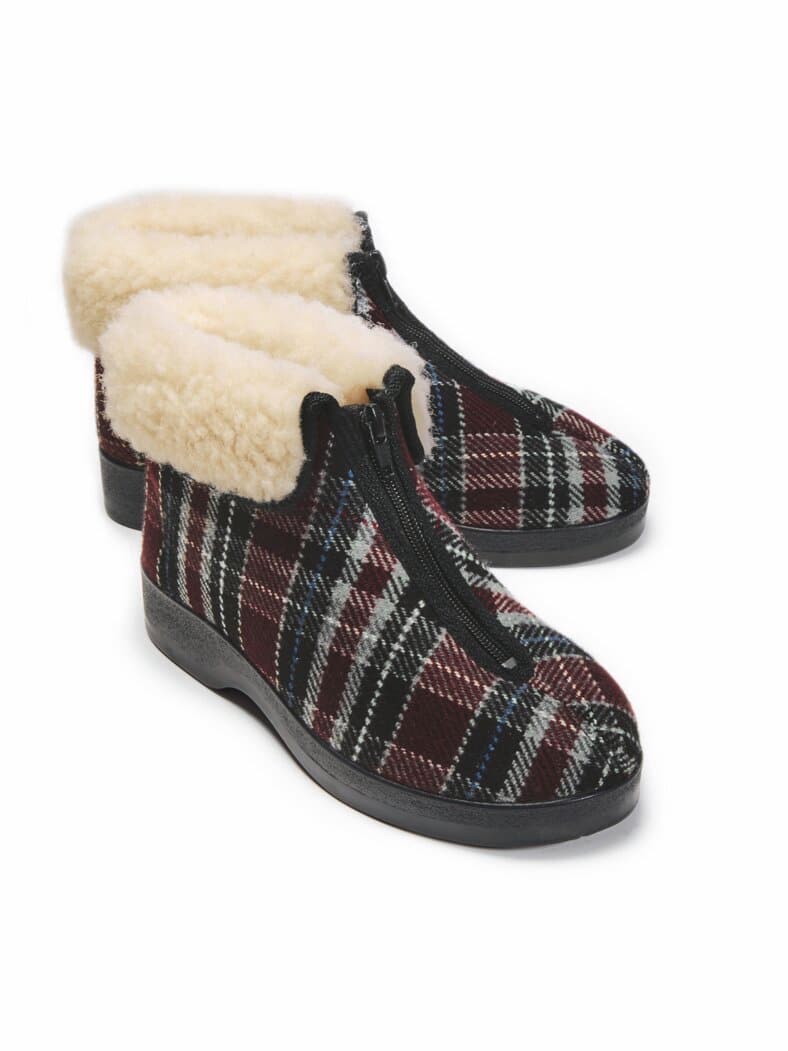 Reißverschluss-Hausschuh Thermo Bordeauxkariert