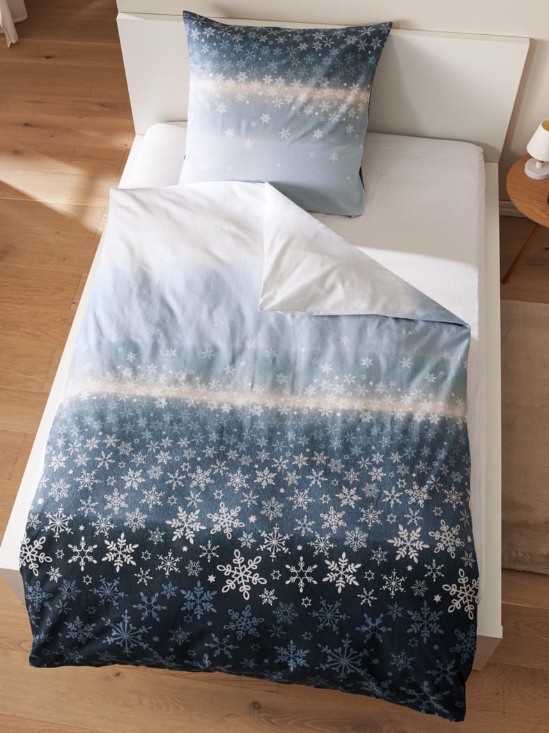Feinbiber-Bettwäsche Eisblume Blau/Natur