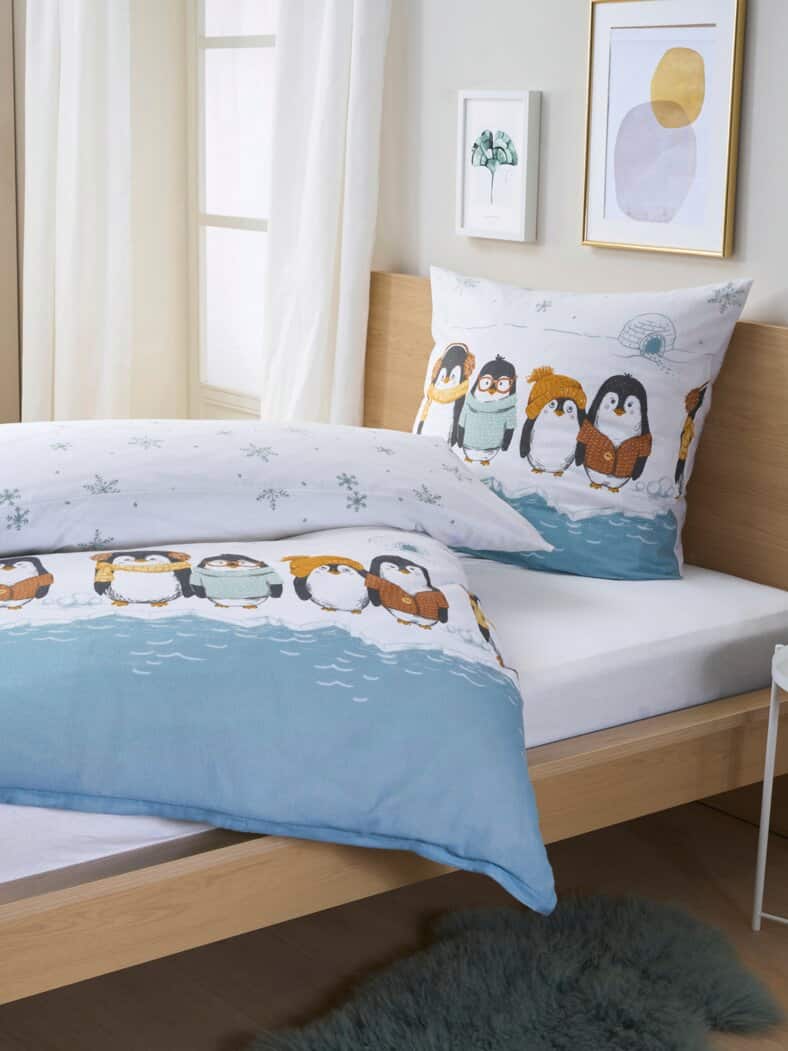 Feinbiber-Bettwäsche-Set Pinguin Weiß/Blau