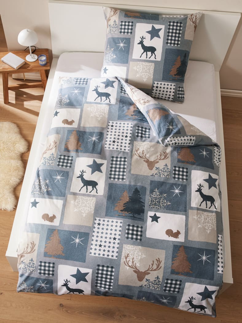 Feinbiber-Bettwäsche Rentier Blau/Natur