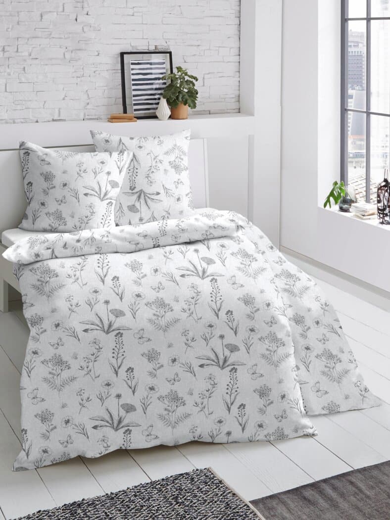 Feinbiber-Bettwäsche-Set Floral Weiß