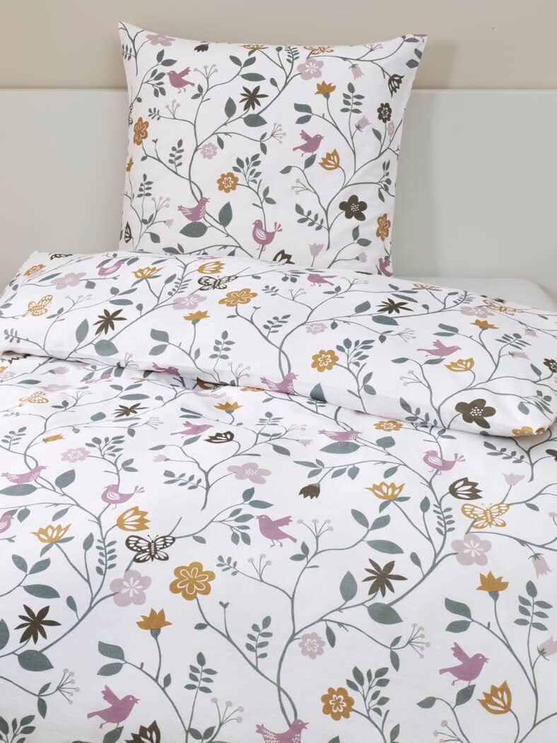 Biber-Bettwäsche-Set Thermo Weiß-Geblümt