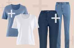 Zwei T-Shirts, eins blau und eins weiß, plus zwei Paar Jeans, hell und dunkelblau, vor einem beigen Hintergrund mit Pluszeichen.