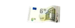 Eine fiktive Euro-Banknote im Wert von 6,95 Euro mit Abbildungen von Architektur und der EU-Flagge.