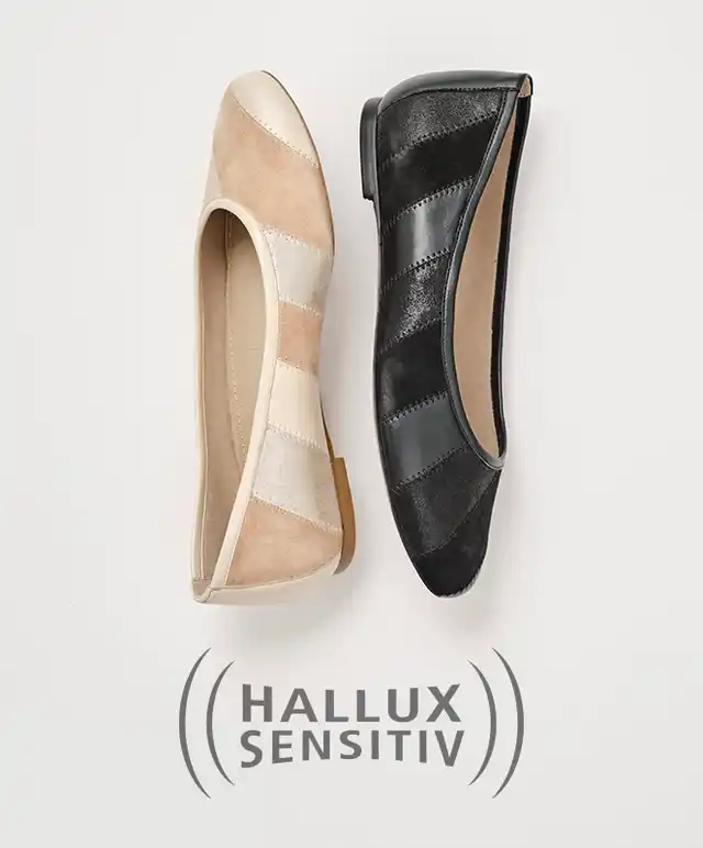 Hallux-Ballerina Innenkeil in schwarz und beige.