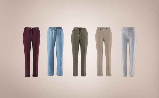 Fünf verschiedene Hosen in den Farben Lila, Blau, Olivgrün, Beige und Hellgrau auf neutralem Hintergrund.