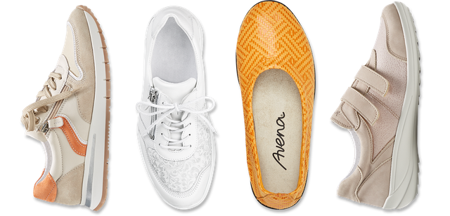 Vier Schuhe in verschiedenen Designs: beiger Sneaker, weißer Sportschuh, oranger Slipper, beiger Velcro-Schuh.