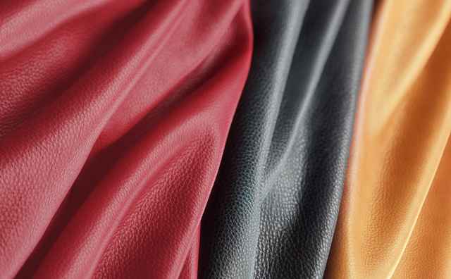 Verschiedene farbige Lederstücke in Rot, Schwarz und Orange, die nebeneinander liegen und eine strukturierte Oberfläche zeigen.