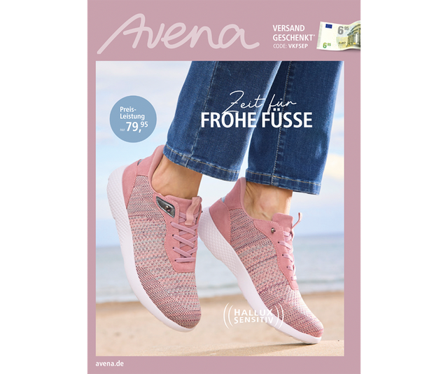 Werbung für rosa Sneaker von Avena mit "Hallux Sensitiv", getragen von einer Person in Jeans vor sandigem Hintergrund. Preis: 79,95 €.