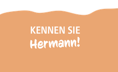 Orangefarbener Hintergrund mit dem Text "Kennen Sie Hermann!" in weißer und weißer, kursiver Schrift.