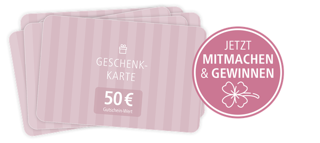 Rosa Geschenkkarte mit 50 € Wert, daneben ein Kreis mit der Aufschrift "Jetzt mitmachen & gewinnen" und einer stilisierten Blume.