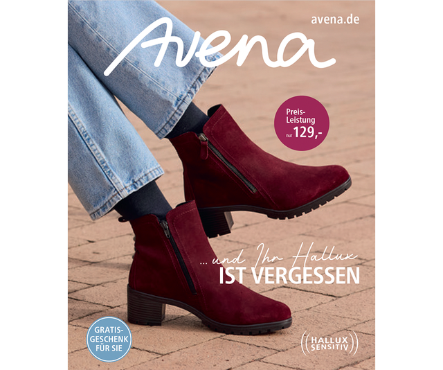 Rote Stiefeletten mit seitlichem Reißverschluss, getragen von einer Person in Jeans, Text: "Avena ... und Ihr Hallux ist vergessen".