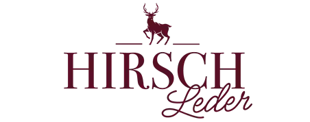 Logo mit einem stilisierten Hirsch und dem Schriftzug "HIRSCH Leder" in bordeau.