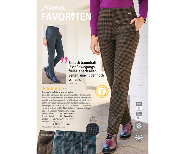 Werbung für eine braun-schwarz karierte Thermo-Stretch-Hose mit lila Oberteil, roten Schuhen und Produktbeschreibung.